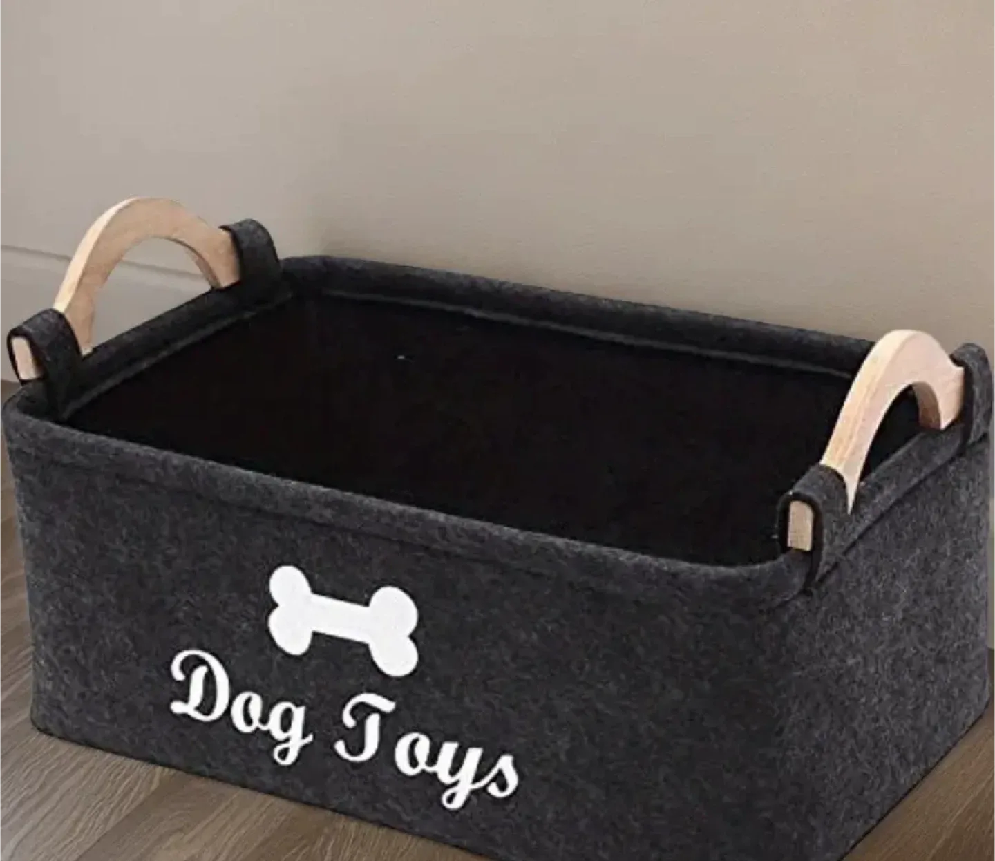 Dog Toys Storage Basket - Black Felt with Wood Handles image indicator(3)