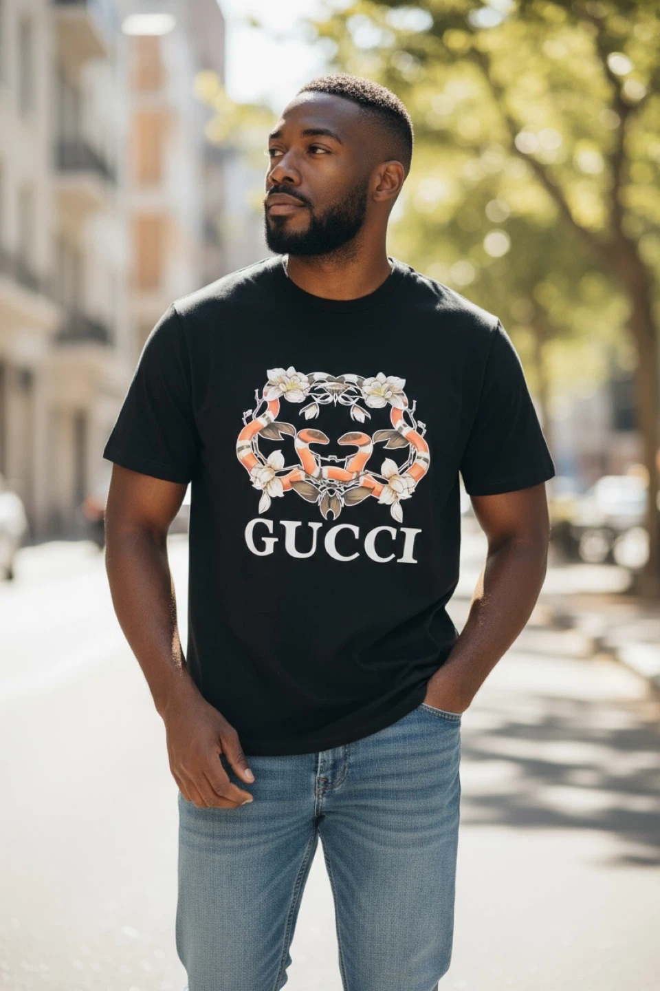 Gucci Black T-Shirt with Snake & Floral Design