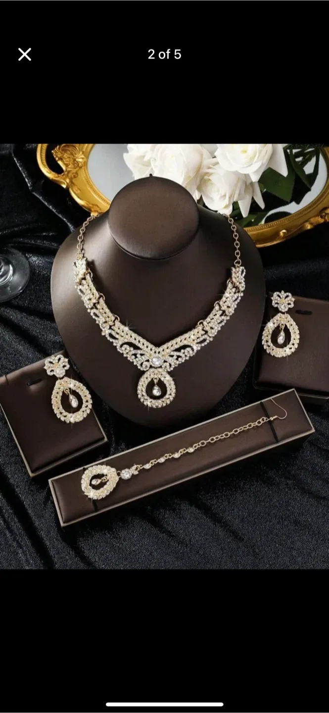 Rhinestone Jewellery Set - Necklace, Earrings, Tikka