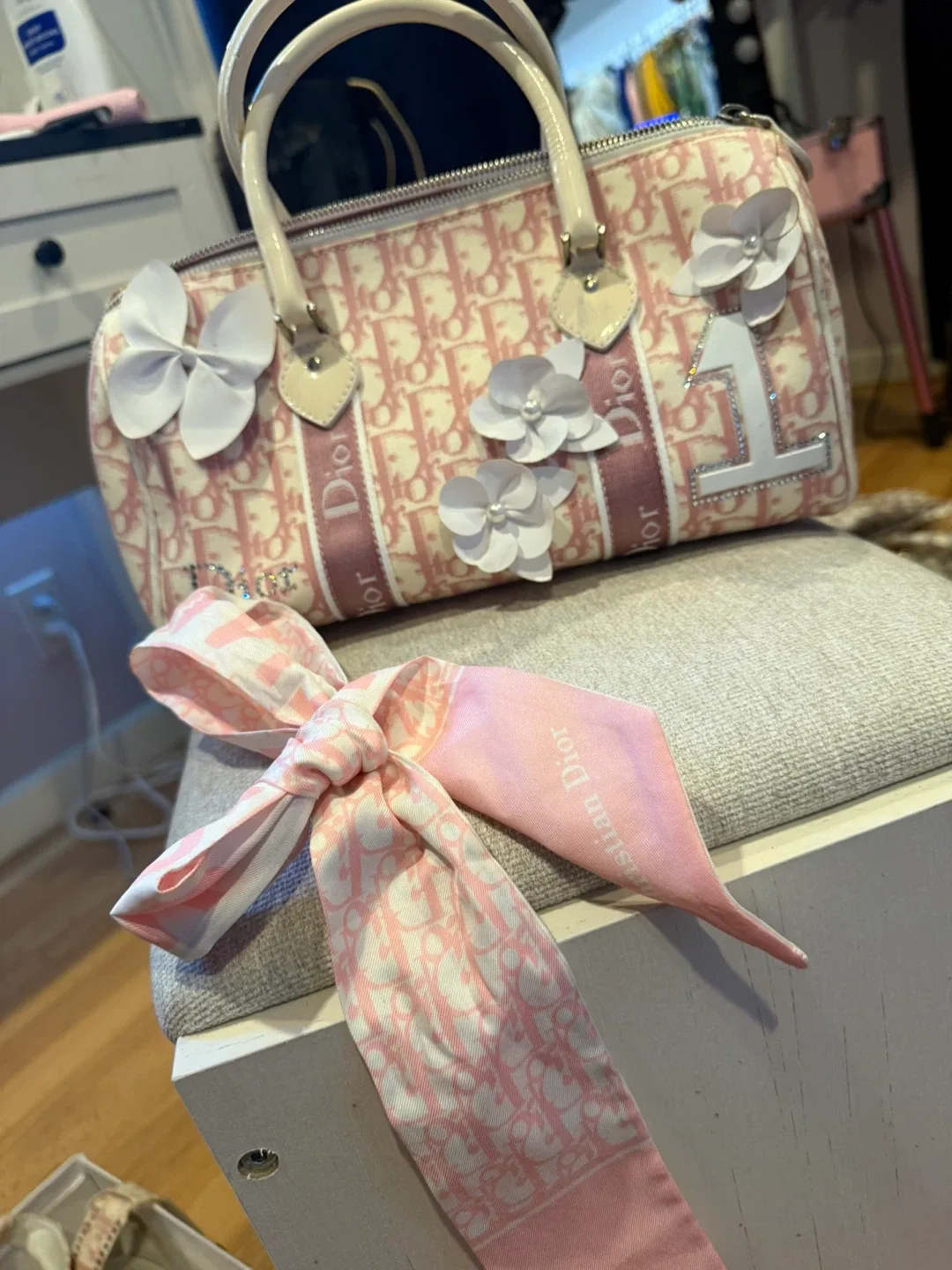 Dior Pink Canvas Bowling Bag matching shoes, and scarf image indicator(2)