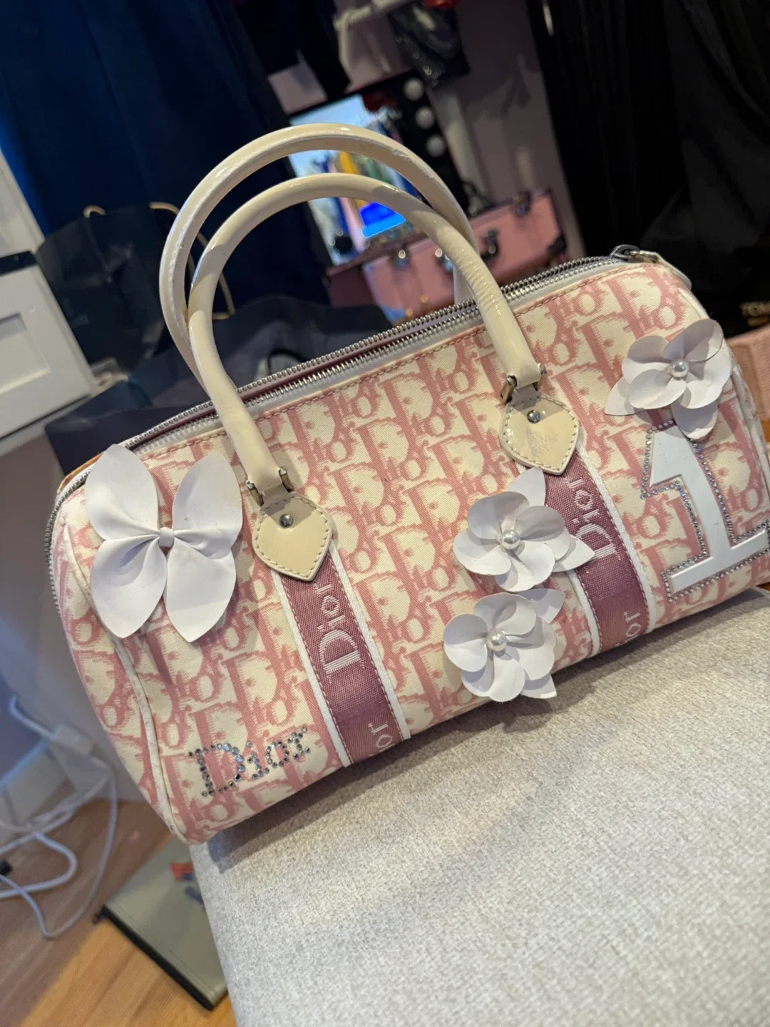 Dior Pink Canvas Bowling Bag matching shoes, and scarf image indicator(6)