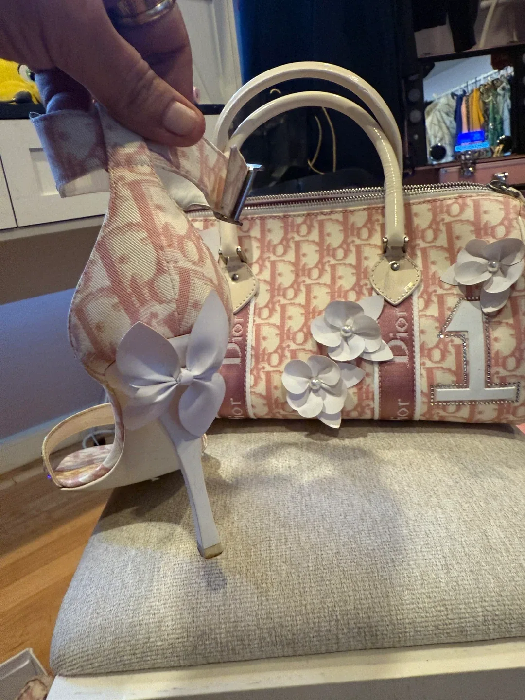 Dior Pink Canvas Bowling Bag matching shoes, and scarf image indicator(3)