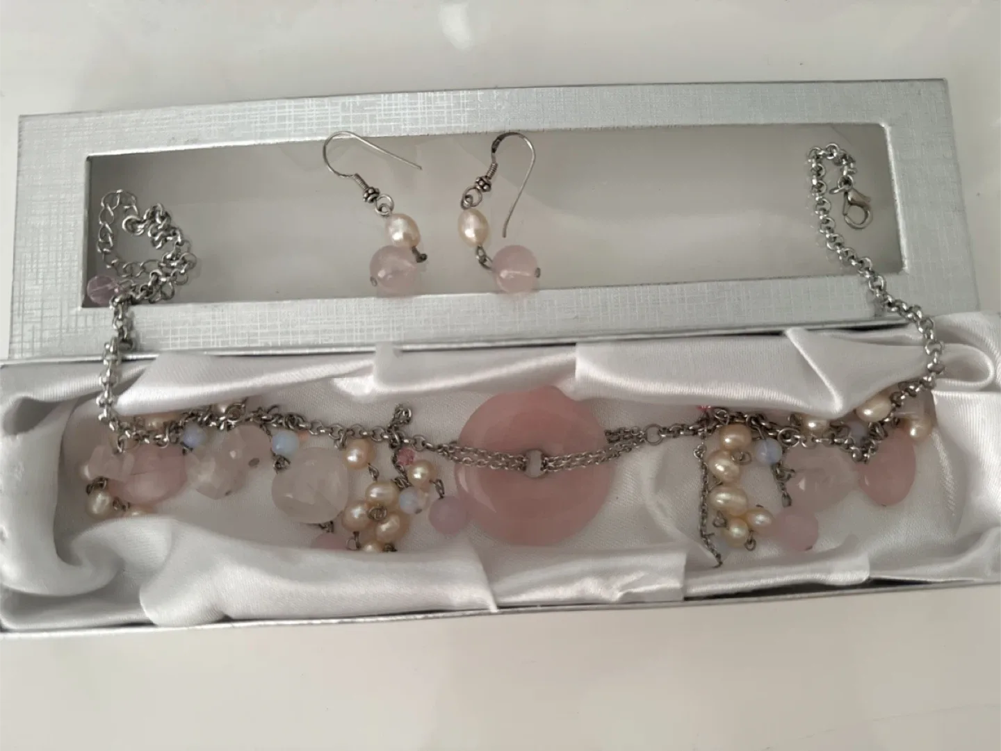 Genuine Rose Quartz jewelry set necklace & earrings thumbnail