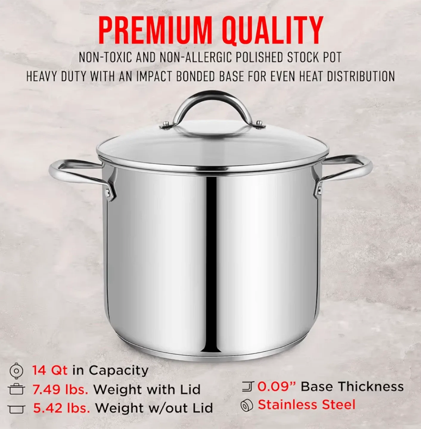 Stainless Steel Stock Pot with Tempered Glass Lid, 14-Quart image indicator(9)