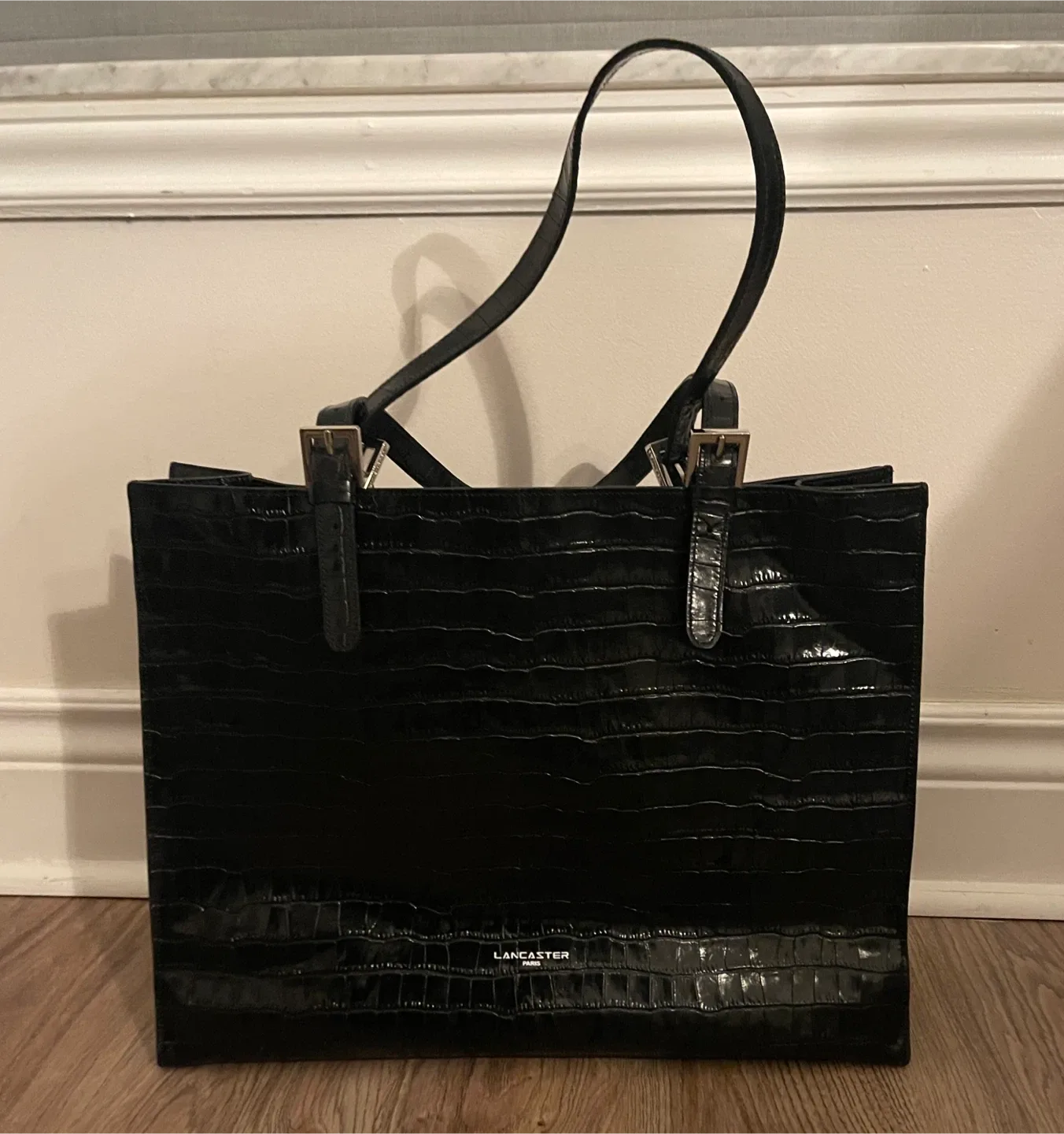 Lancaster Paris Black Leather Croc-Embossed Large Tote Bag image indicator(3)