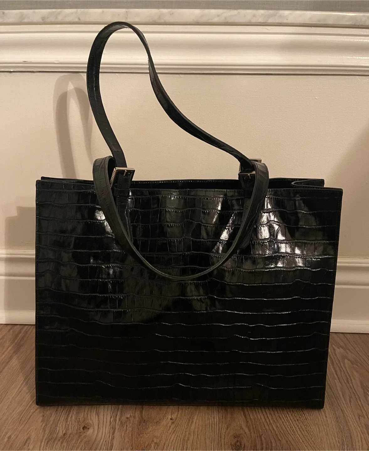 Lancaster Paris Black Leather Croc-Embossed Large Tote Bag image indicator(4)