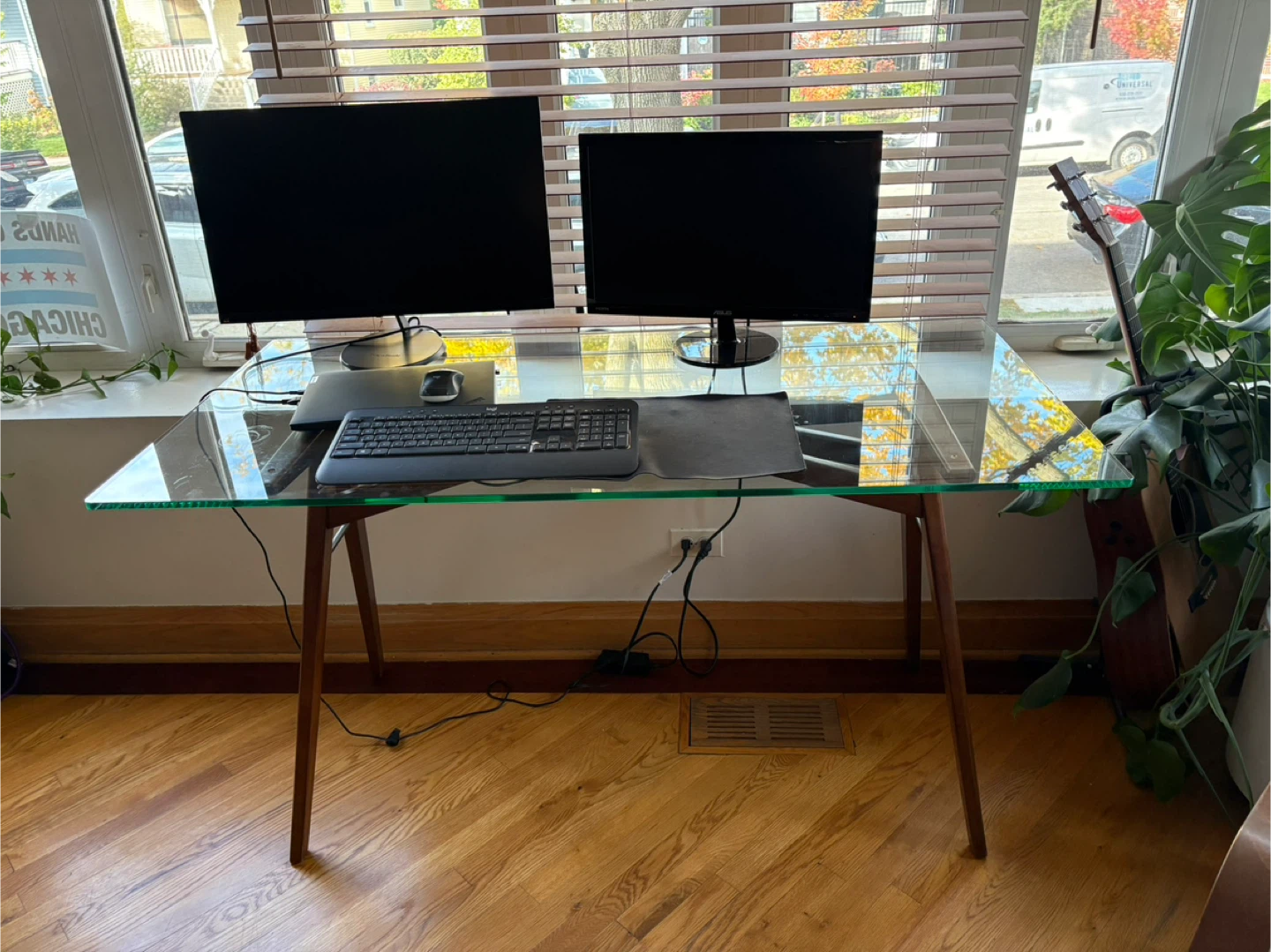 West Elm Glass Top Desk with Wood Frame