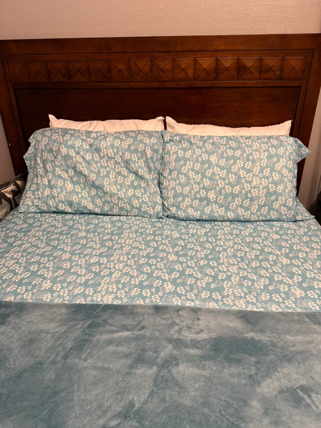 Queen wooden bed with box spring and mattress