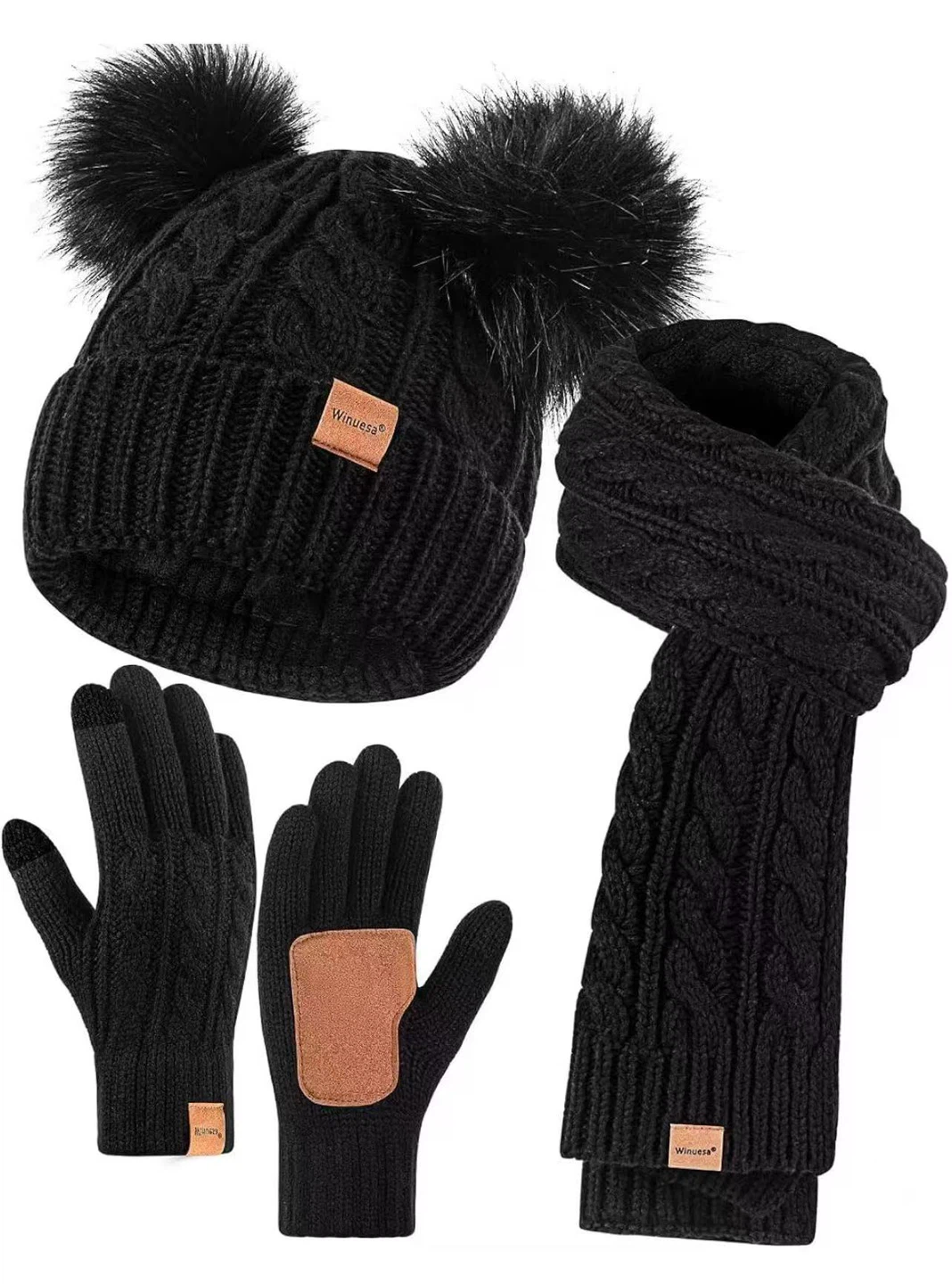 Black Knit Beanie, Scarf & Gloves Set