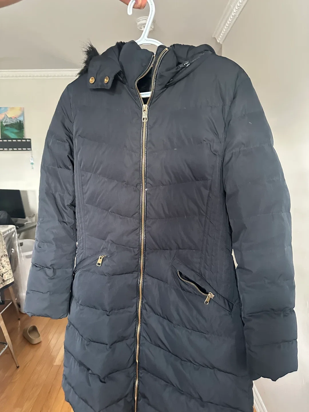 Black Puffer Coat with Fur Trim image indicator(2)