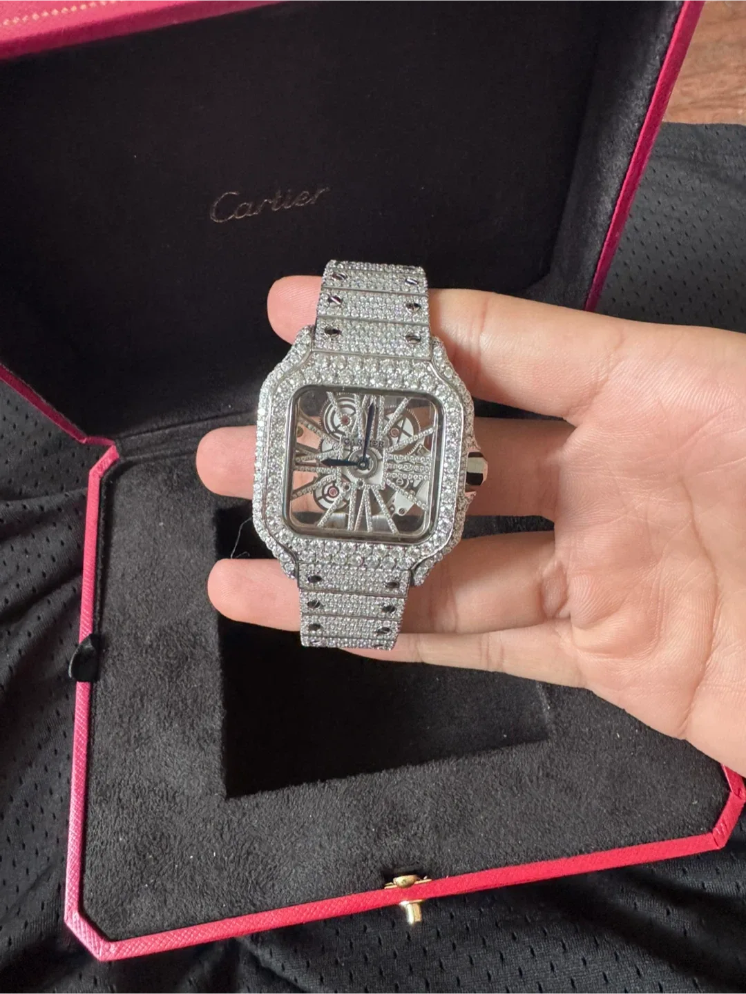 Cartier Santos Skeleton Diamond Watch with Box