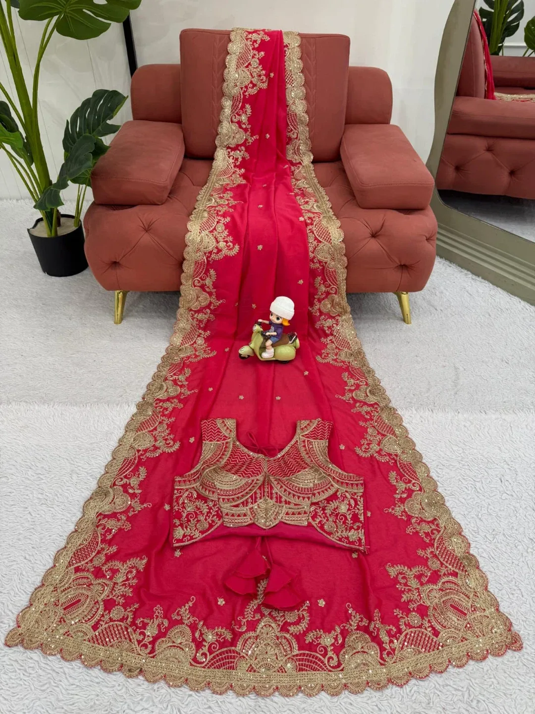 Red & Gold Embroidered Saree with Blouse Piece image indicator(3)