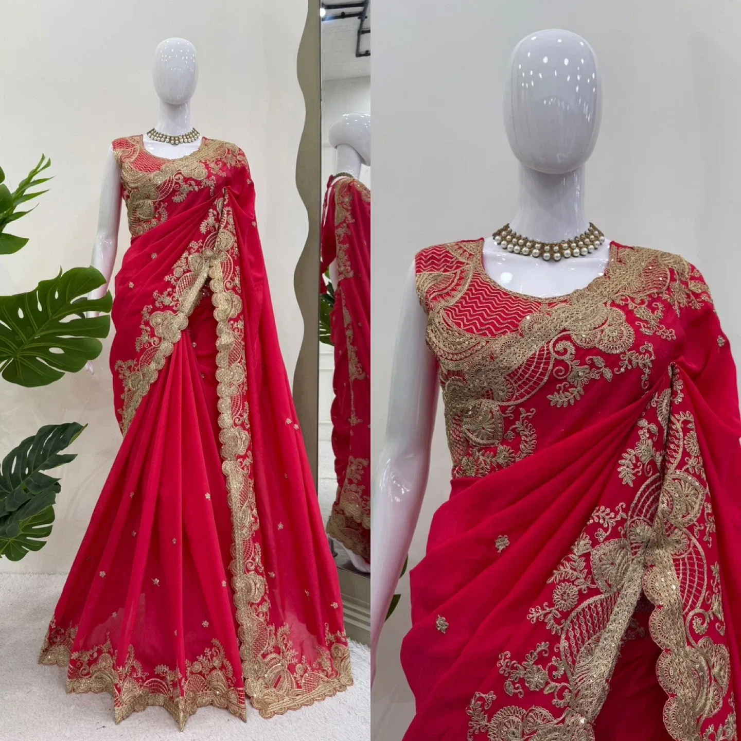 Red & Gold Embroidered Saree with Blouse Piece image indicator(2)