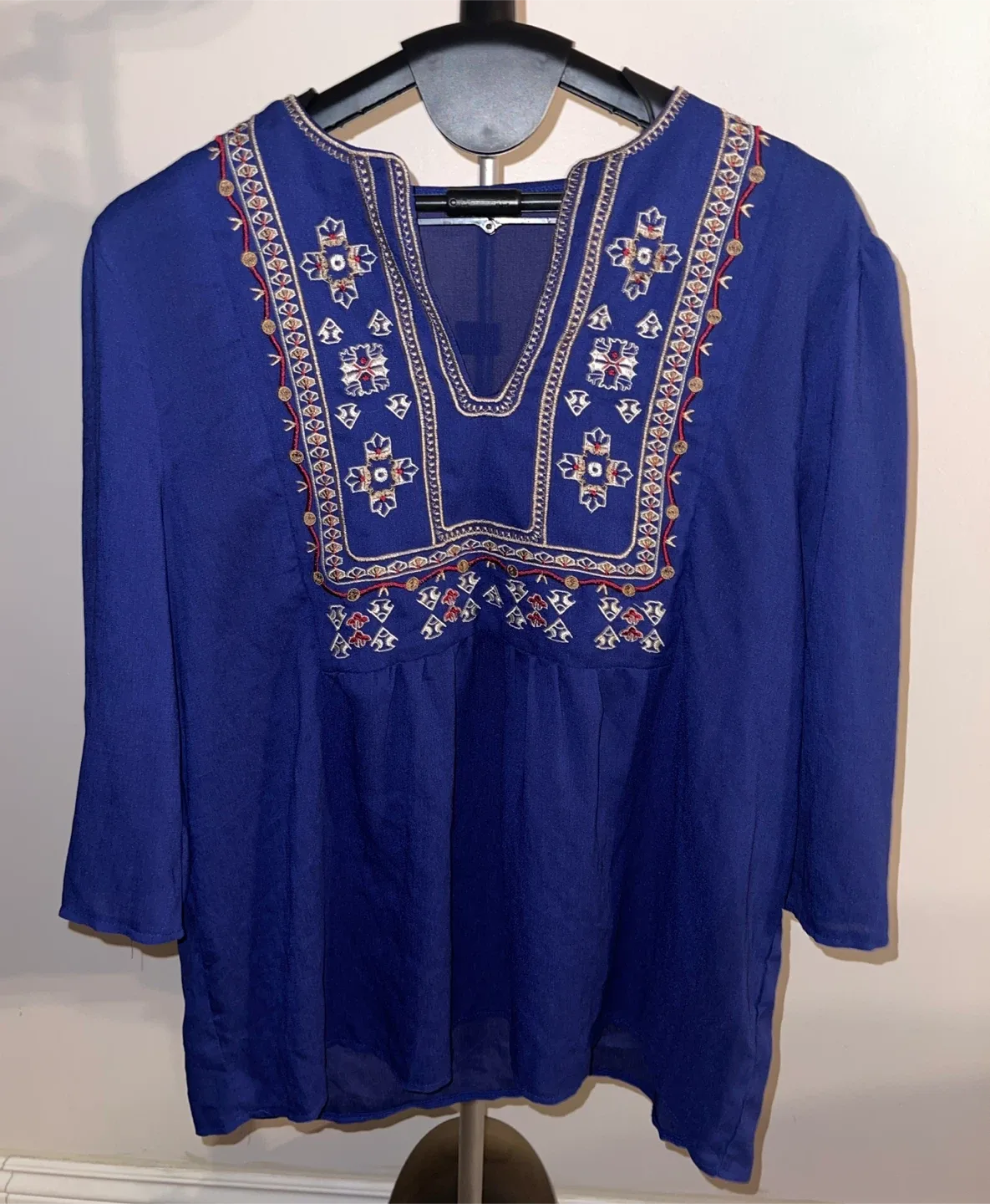 Blue Boho Embroidered V Neck Loose Tunic Blouse size XL image indicator(4)