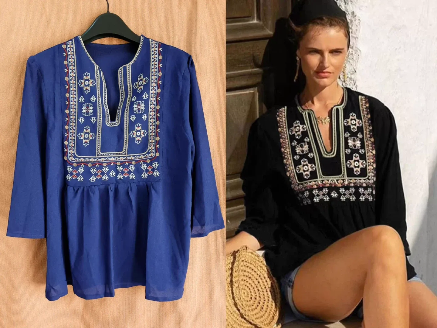 Blue Boho Embroidered V Neck Loose Tunic Blouse size XL