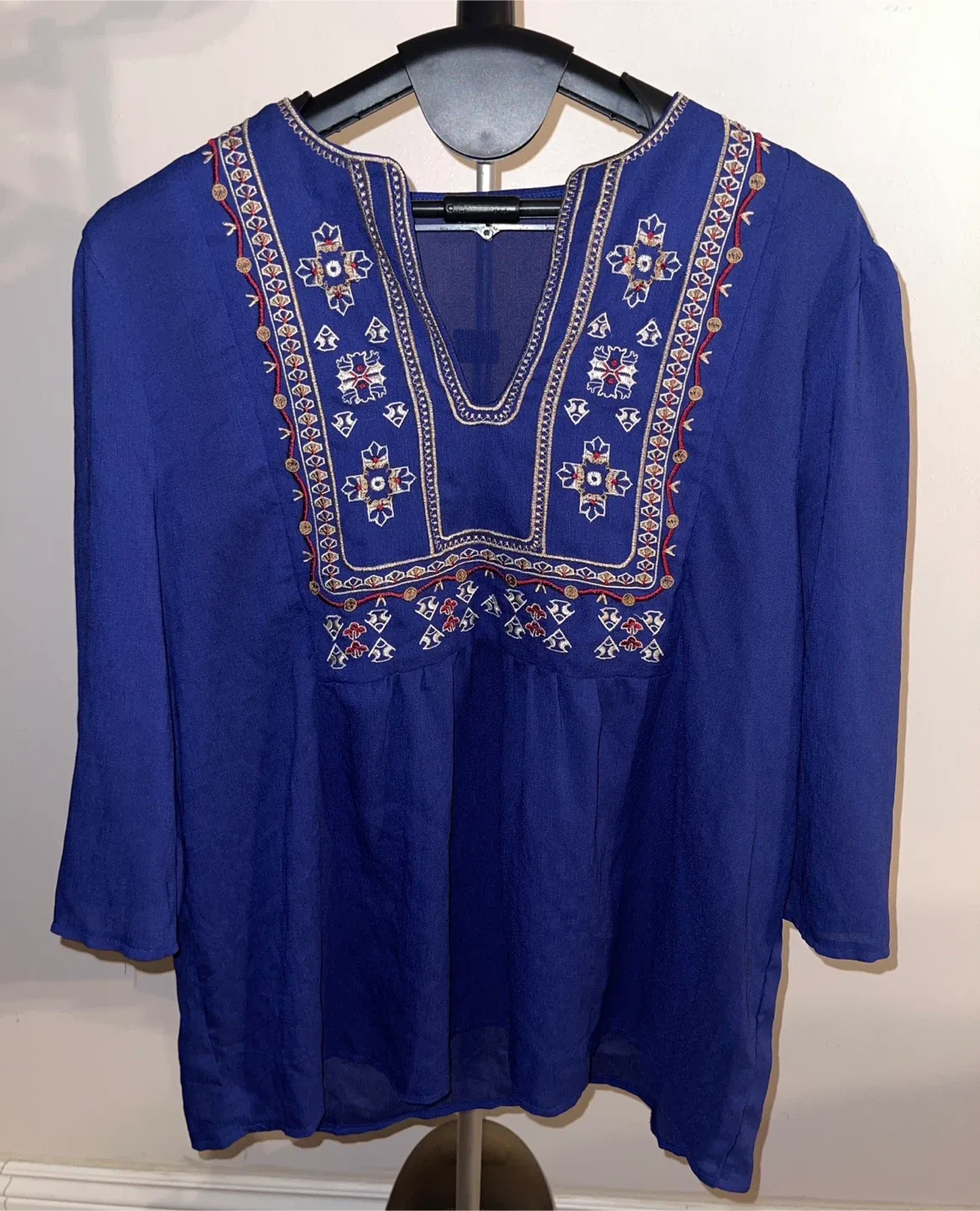 Blue Boho Embroidered V Neck Loose Tunic Blouse size XL image indicator(5)