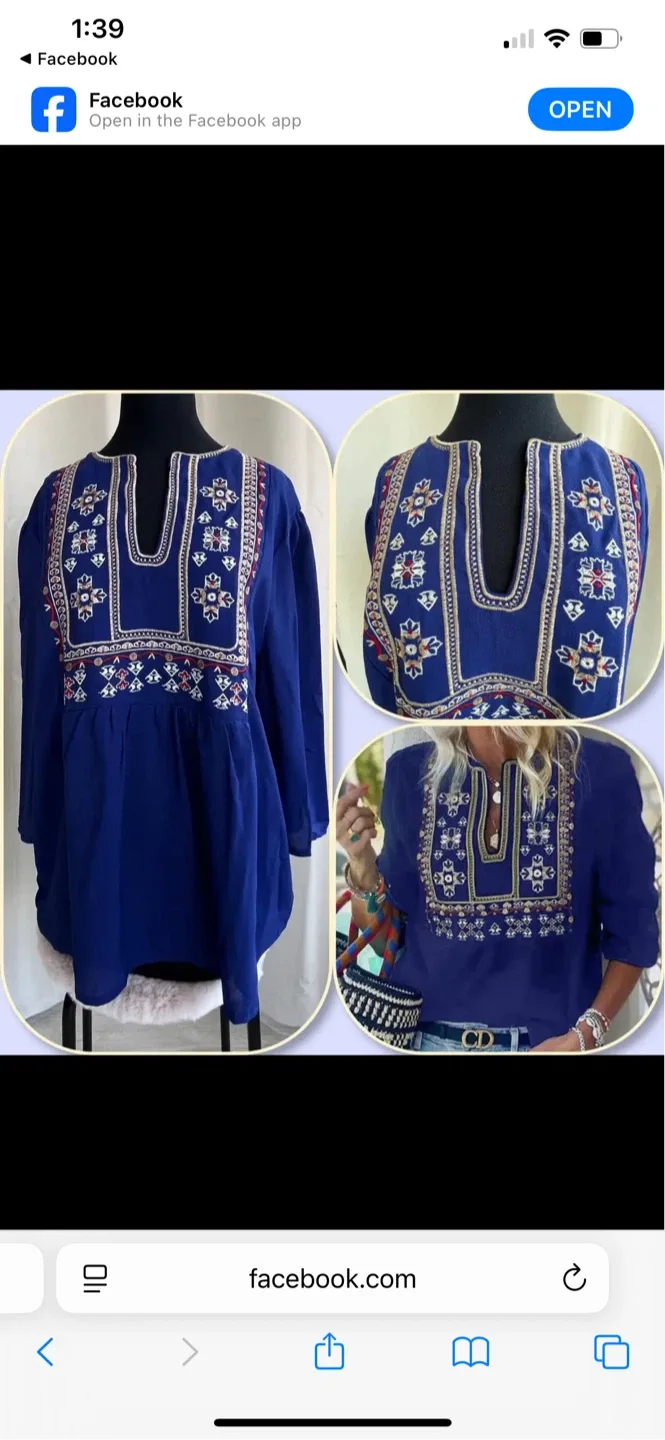 Blue Boho Embroidered V Neck Loose Tunic Blouse size XL image indicator(2)
