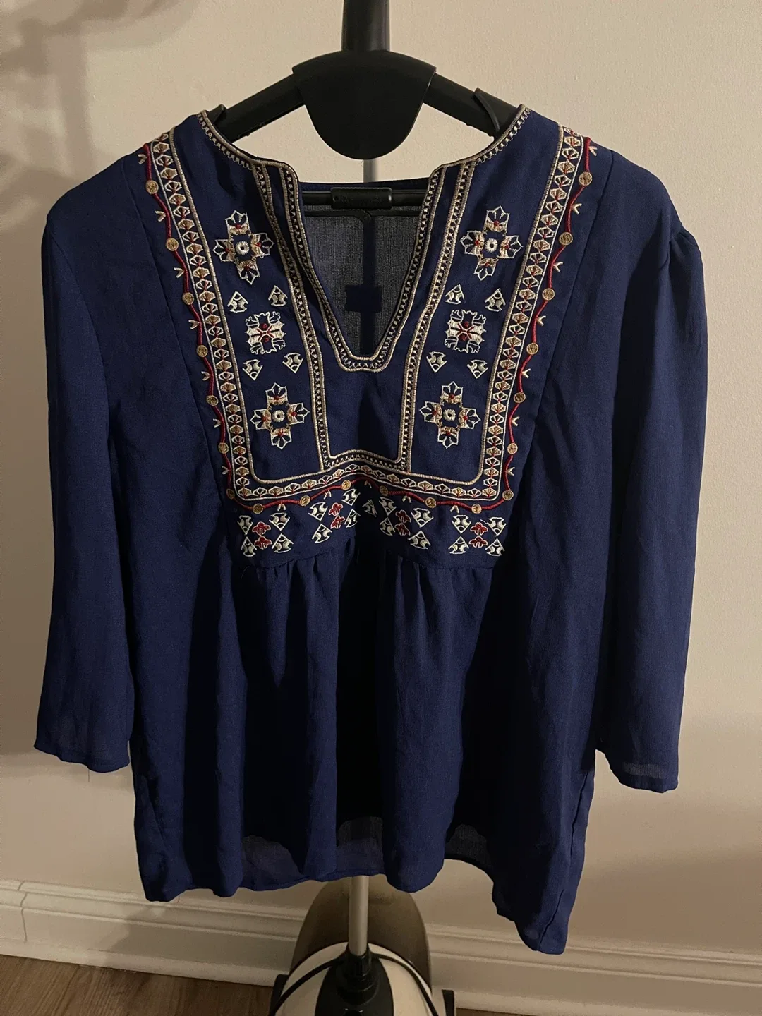 Blue Boho Embroidered V Neck Loose Tunic Blouse size XL image indicator(6)