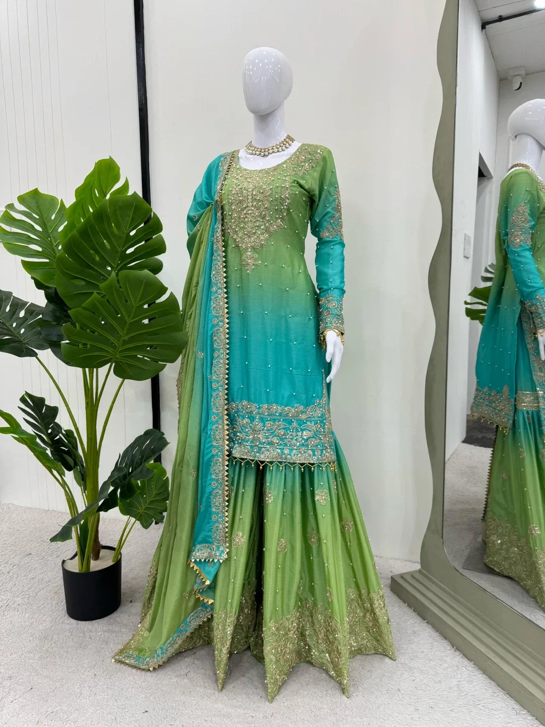 Green & Turquoise Embroidered Gharara Suit image indicator(3)