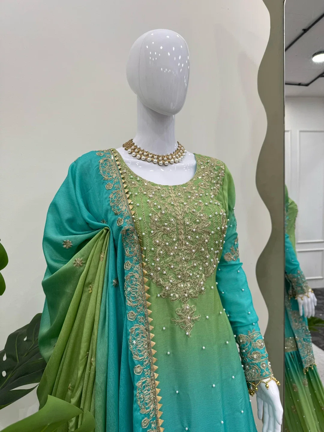 Green & Turquoise Embroidered Gharara Suit image indicator(4)