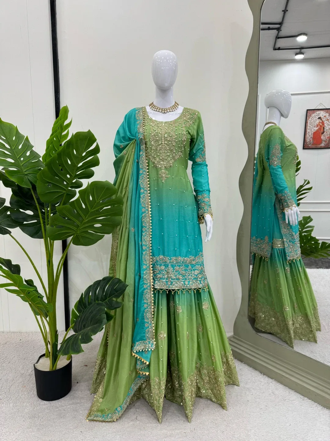 Green & Turquoise Embroidered Gharara Suit image indicator(2)