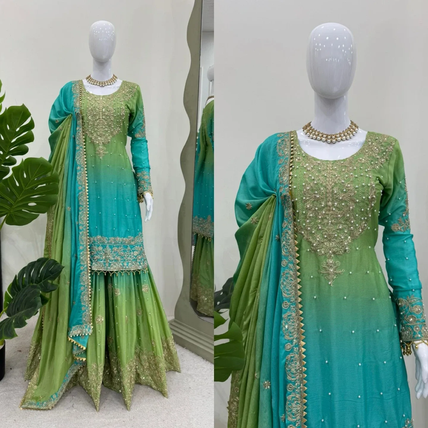 Green & Turquoise Embroidered Gharara Suit