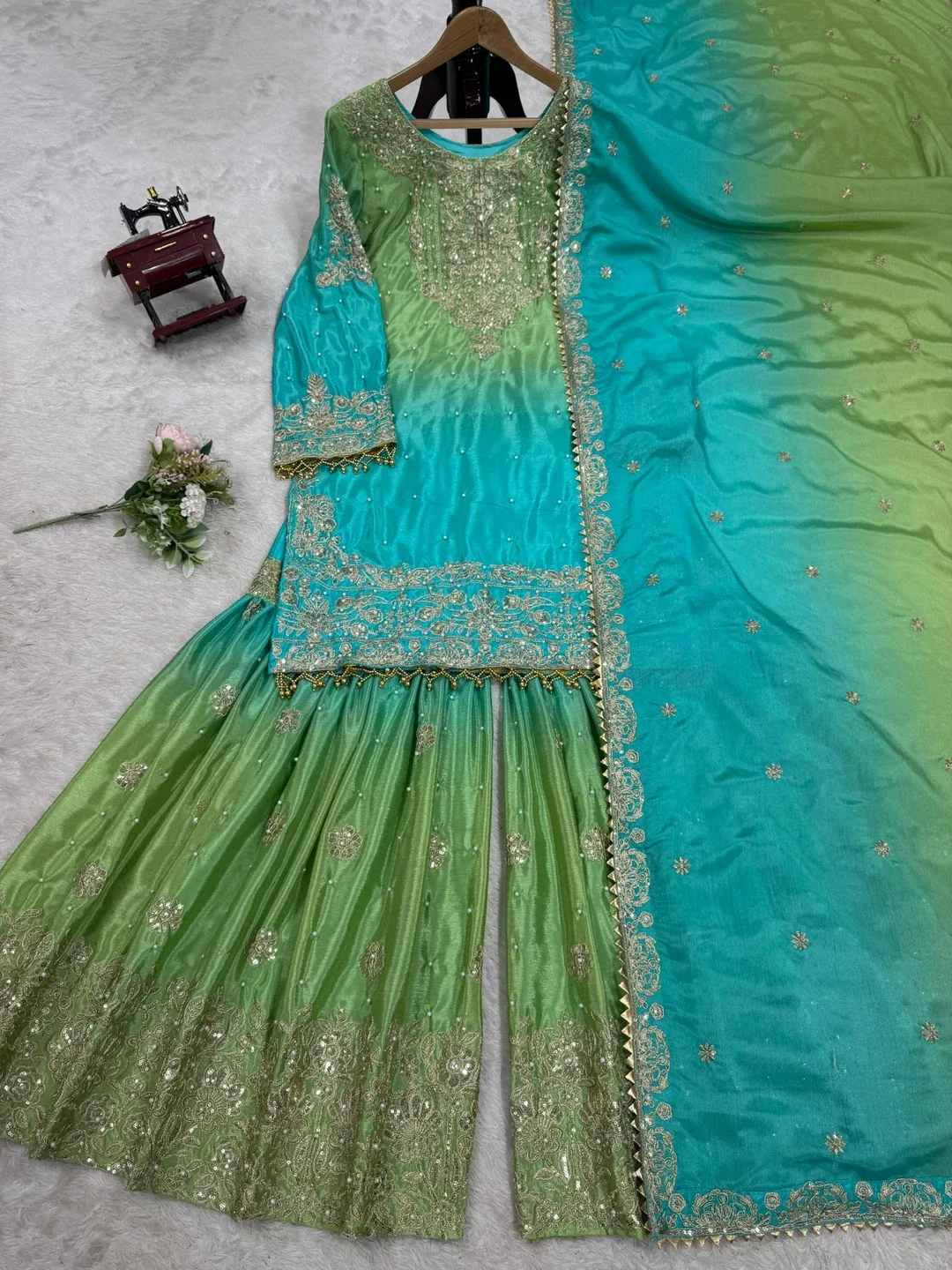 Green & Turquoise Embroidered Gharara Suit image indicator(5)