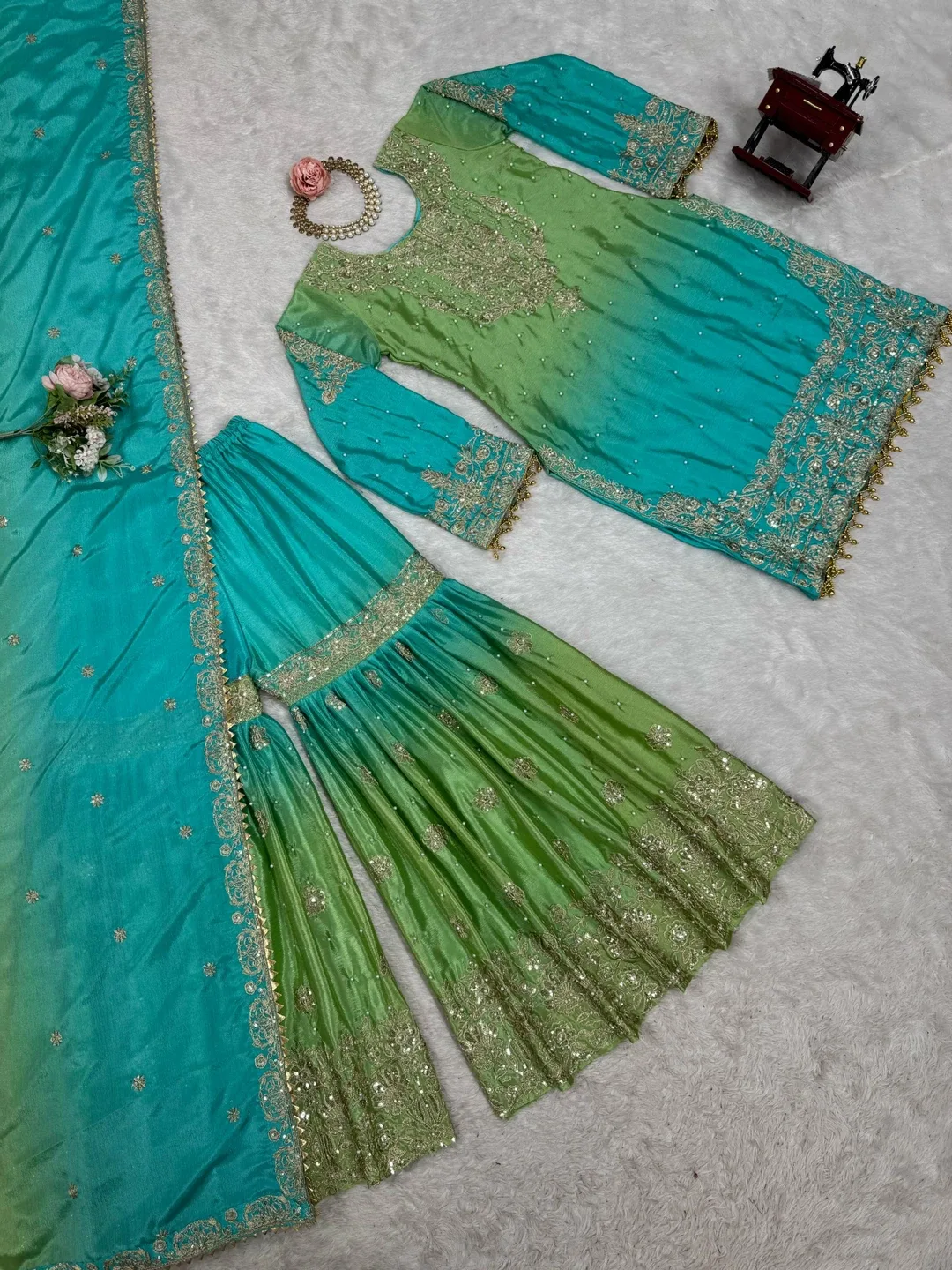 Green & Turquoise Embroidered Gharara Suit image indicator(6)