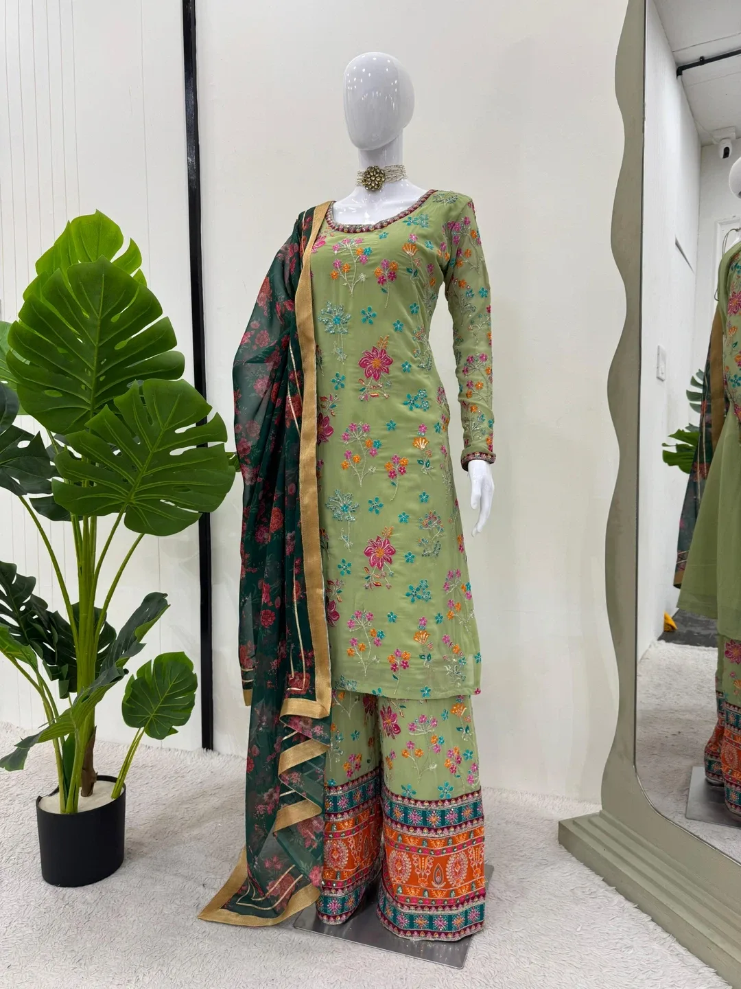 Beautiful olive green indian style palazzo suit image indicator(3)