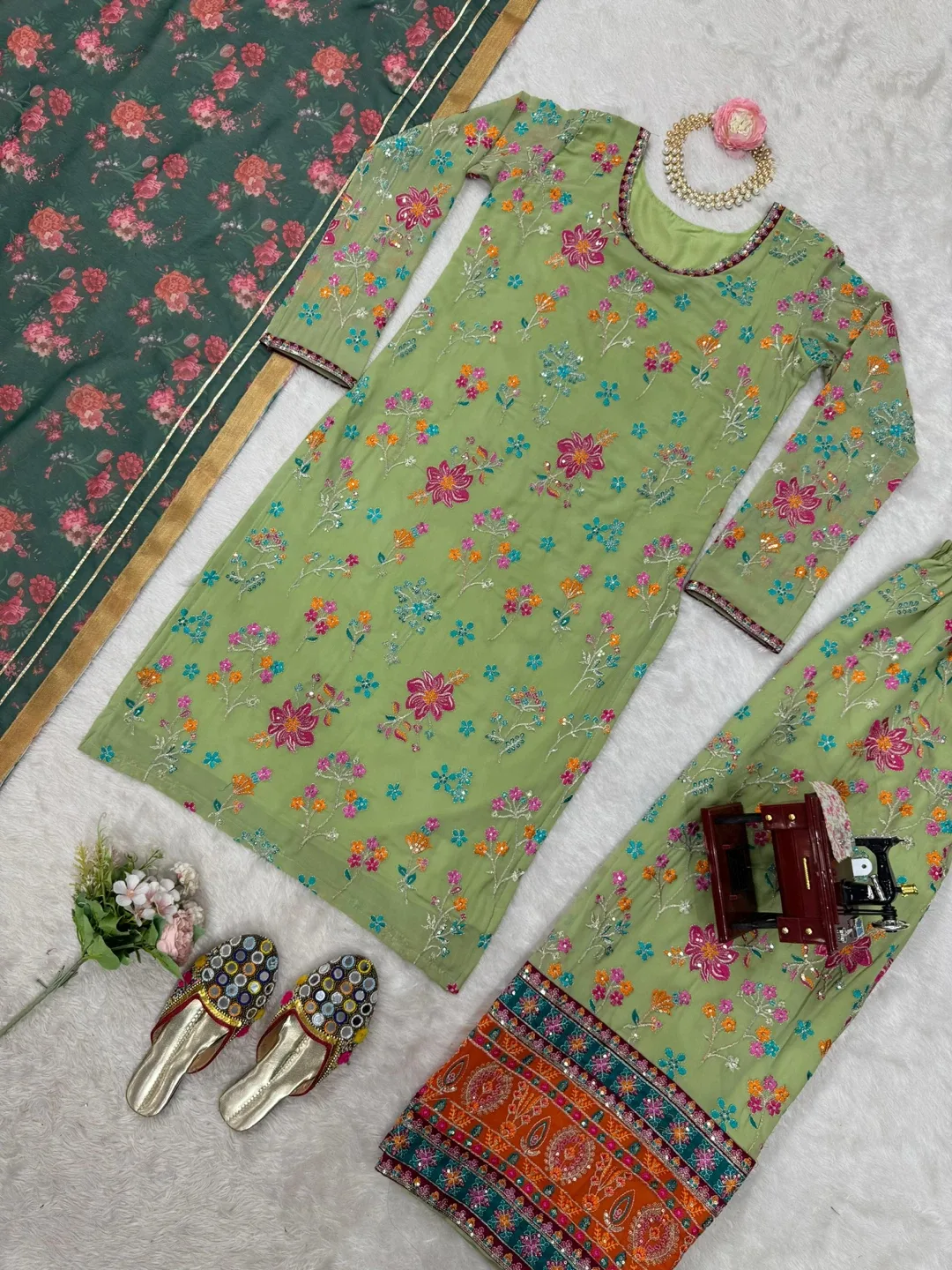 Beautiful olive green indian style palazzo suit image indicator(6)