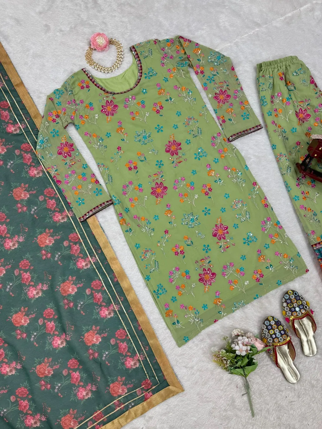 Beautiful olive green indian style palazzo suit image indicator(5)