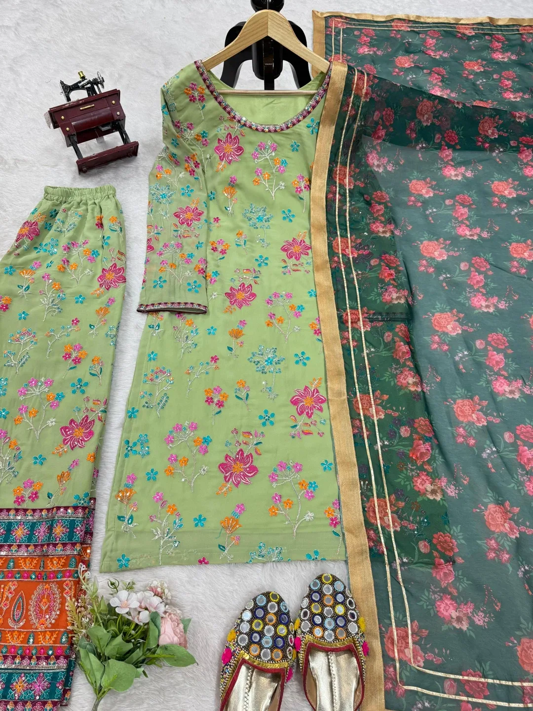 Beautiful olive green indian style palazzo suit image indicator(4)