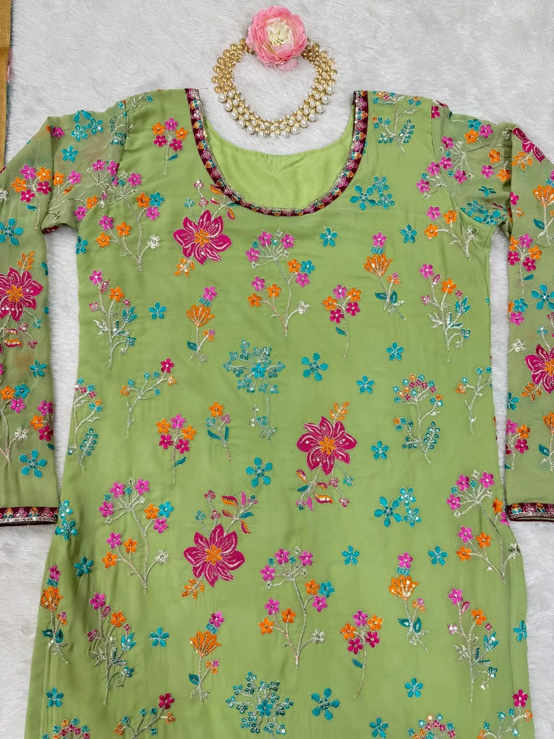 Beautiful olive green indian style palazzo suit image indicator(7)