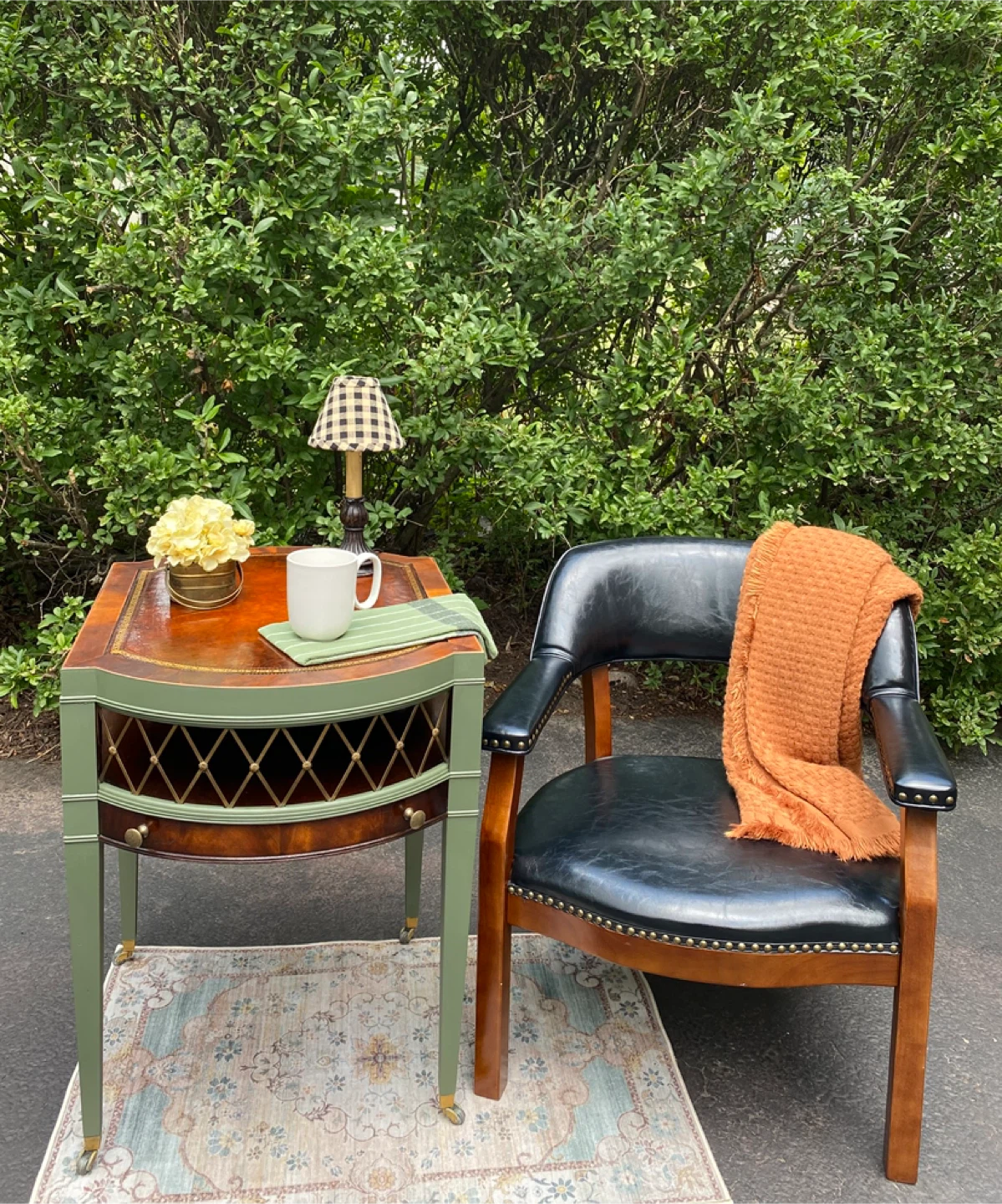Vintage Side Table with Drawer and Club Chair