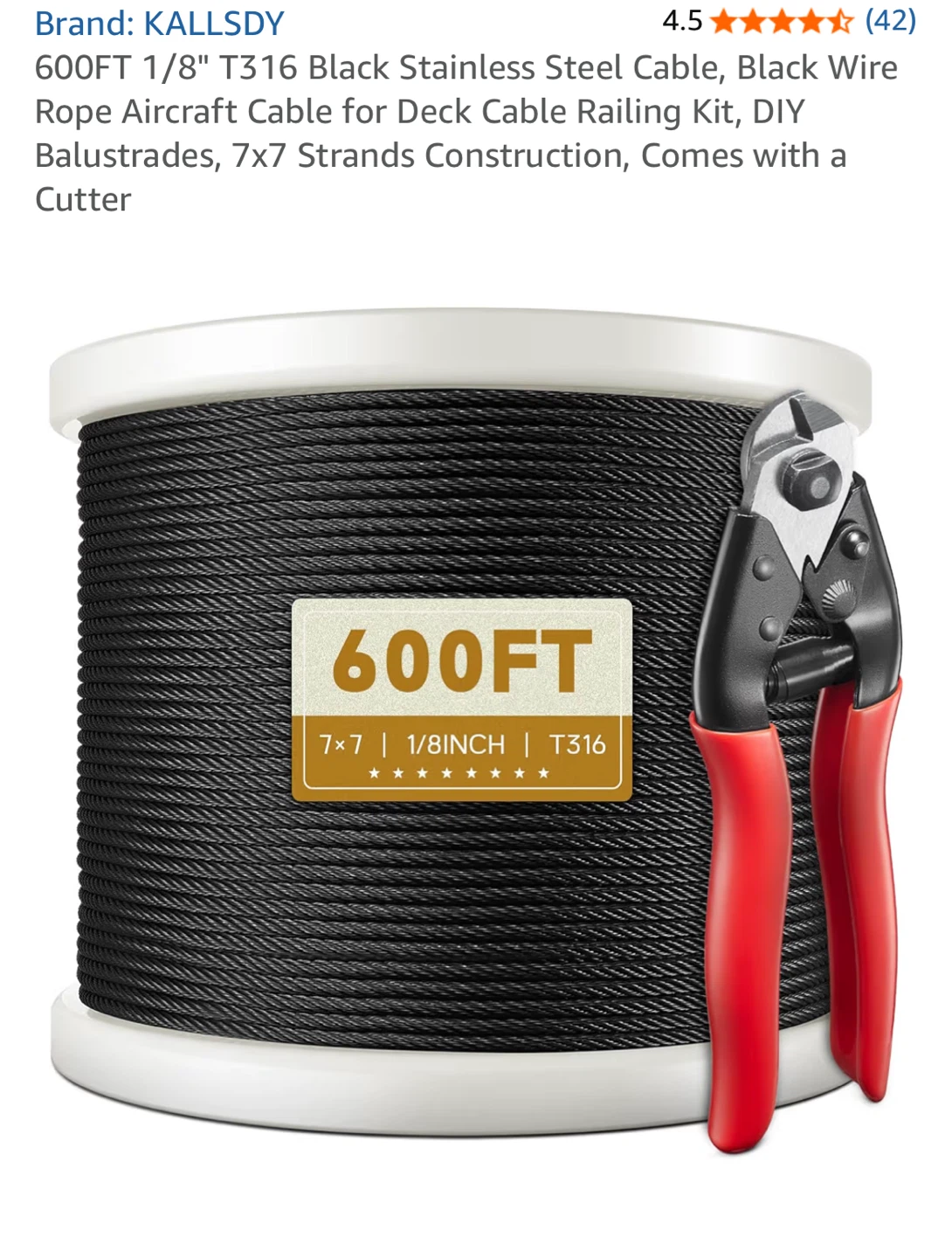 KALLSDY 600FT Black Stainless Steel Cable Kit