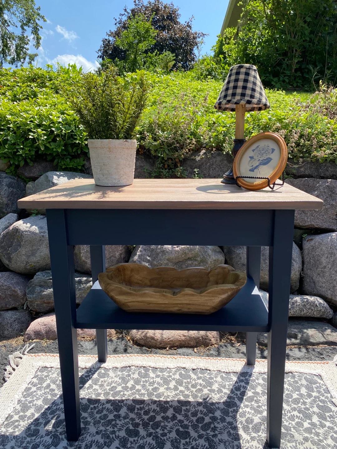 Side Table - Wood & Dark Blue