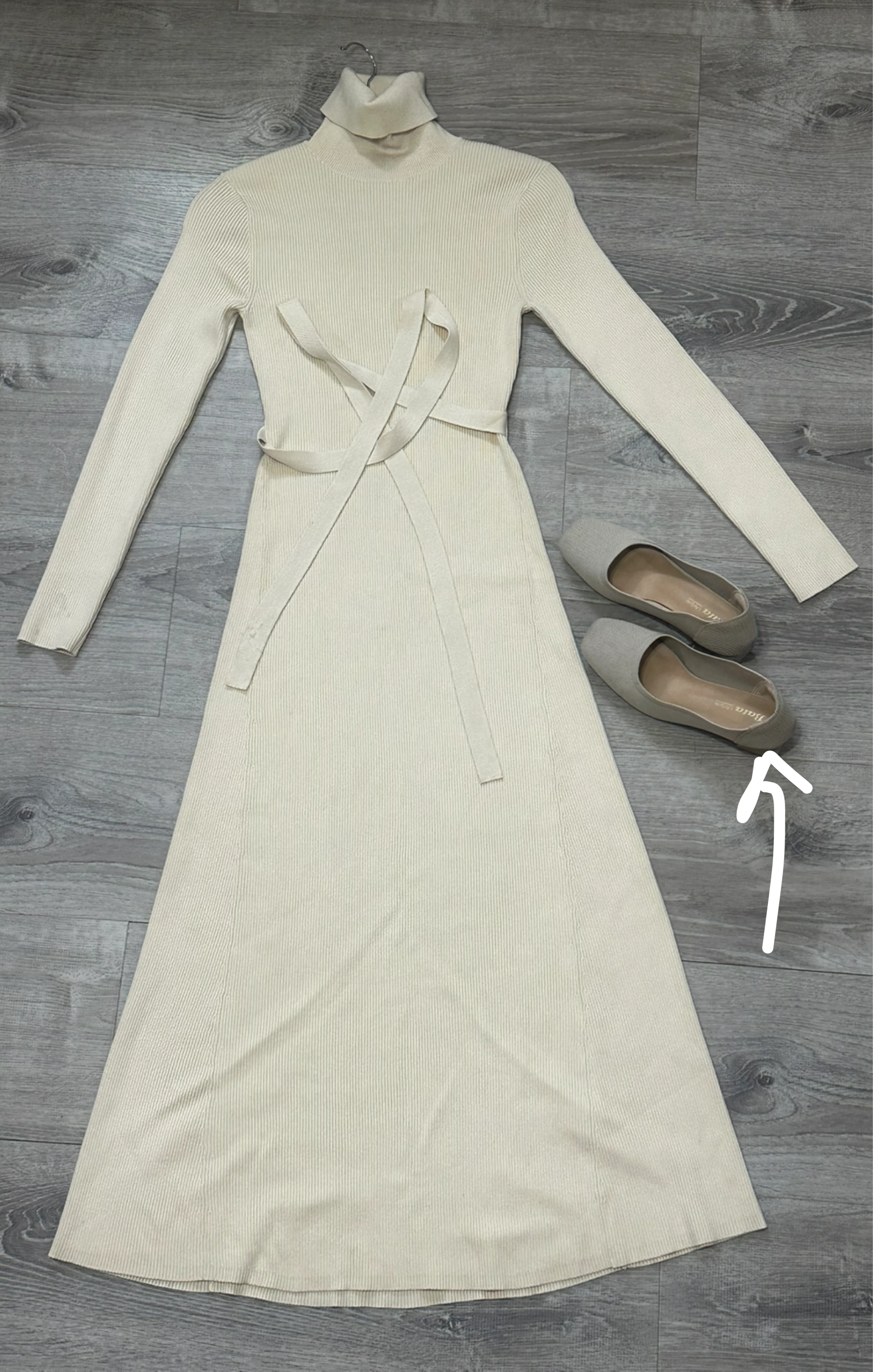 Cream Ribbed Knit Midi Dress with Belt