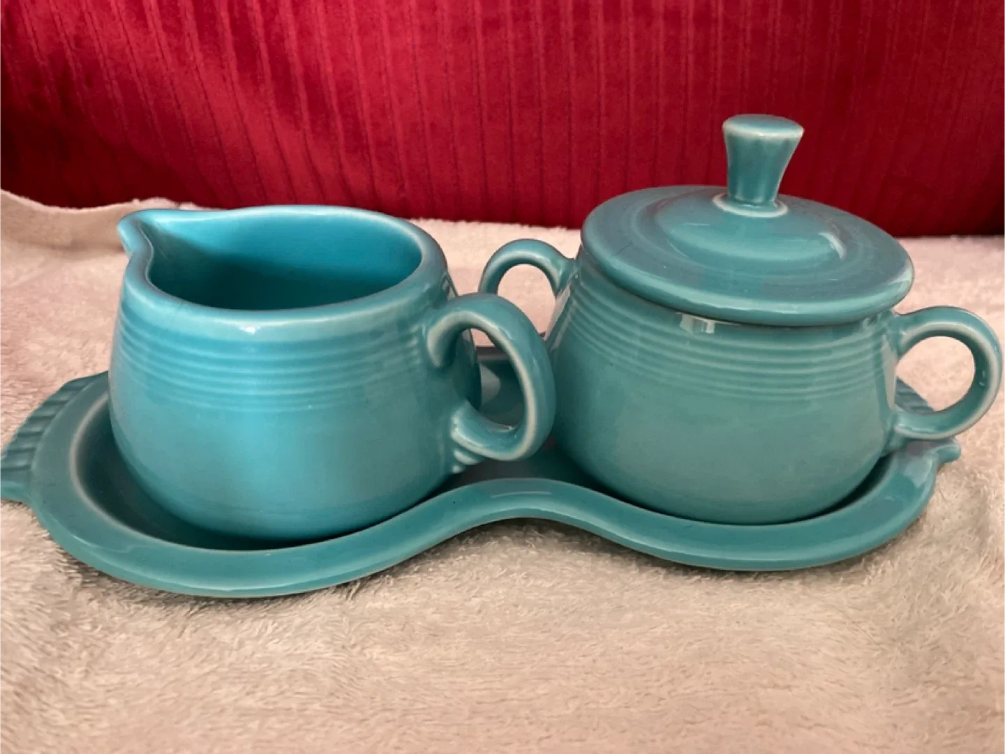 Fiesta Turquoise Creamer, Sugar Bowl & Tray Set