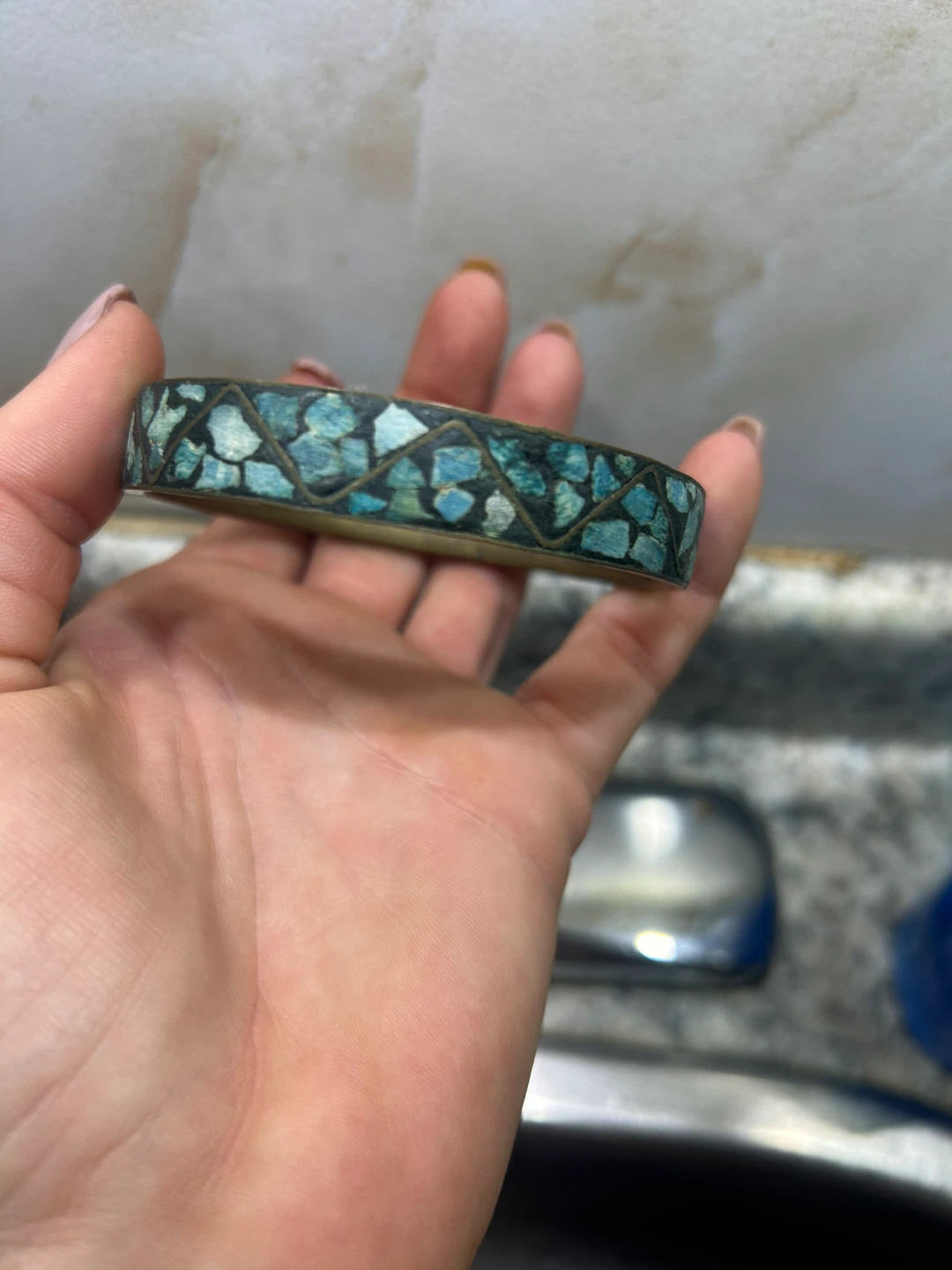 Vintage Crushed Blue Turquoise India Brass Bangle Bracelets