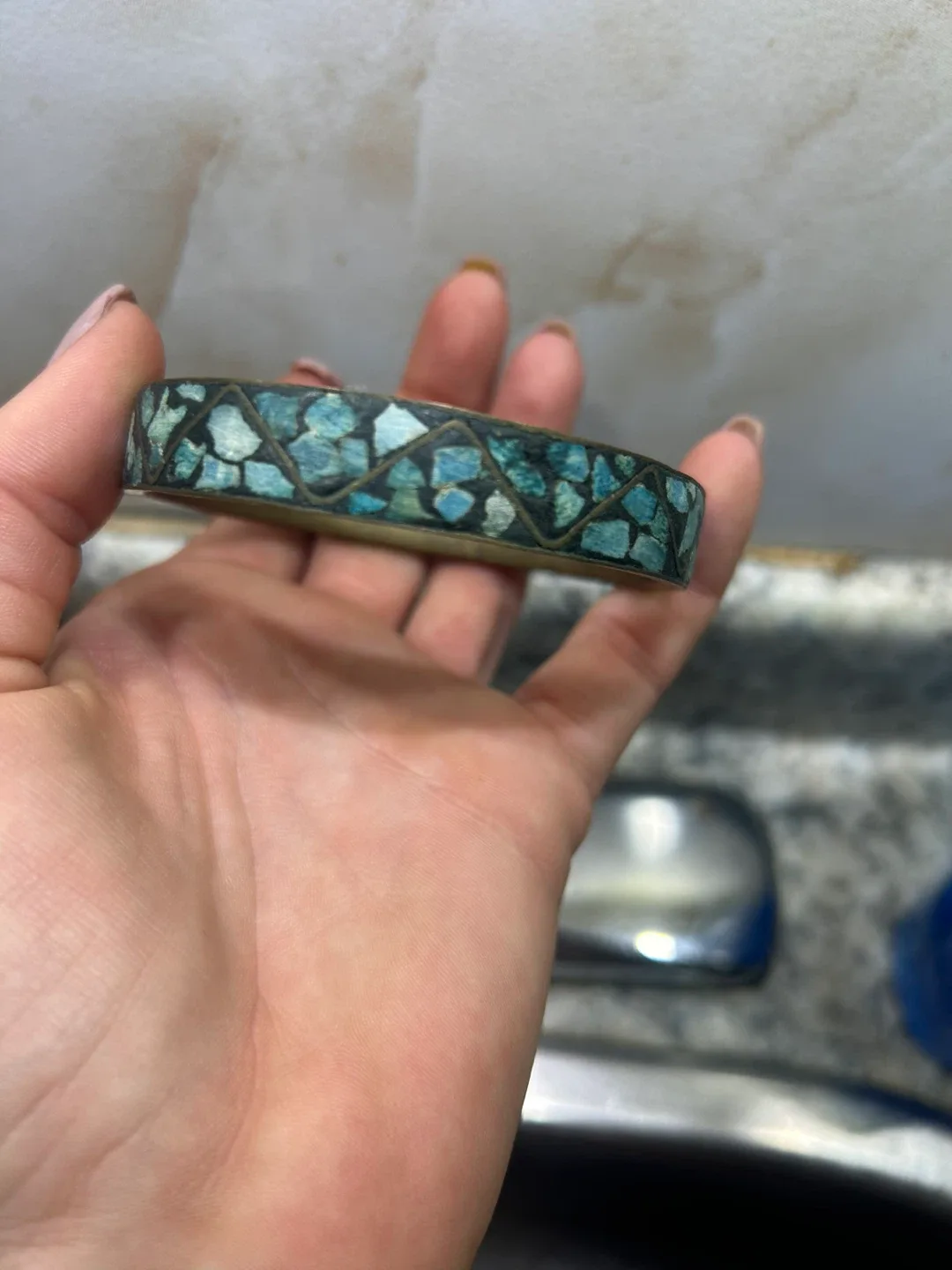 Vintage Crushed Blue Turquoise India Brass Bangle Bracelets thumbnail
