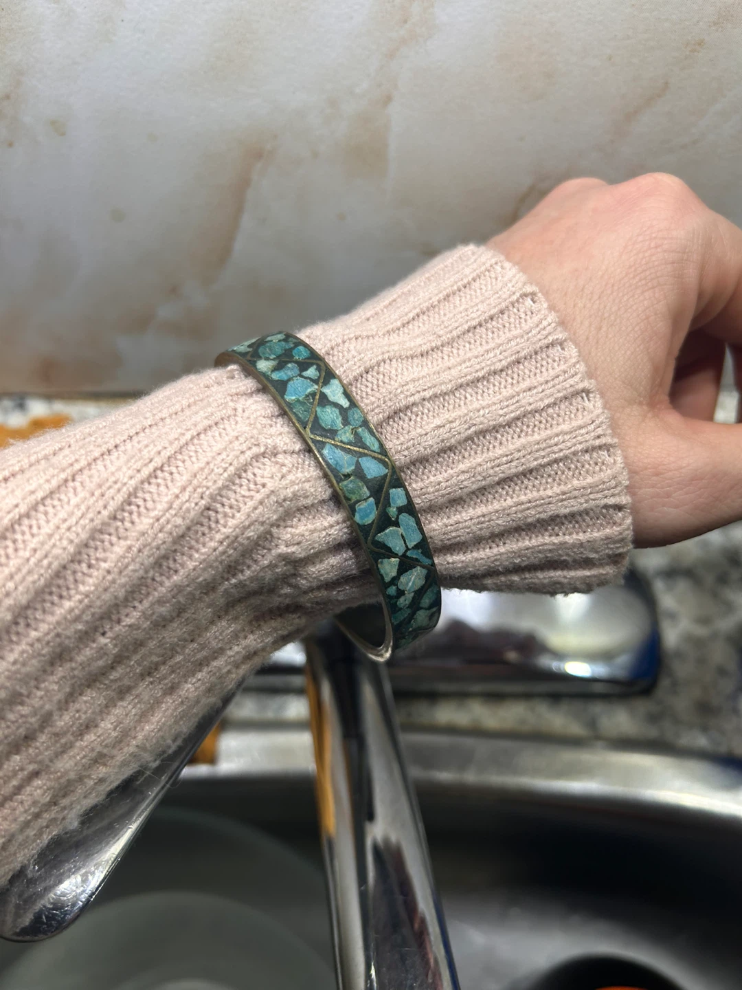 Vintage Crushed Blue Turquoise India Brass Bangle Bracelets - photo 2