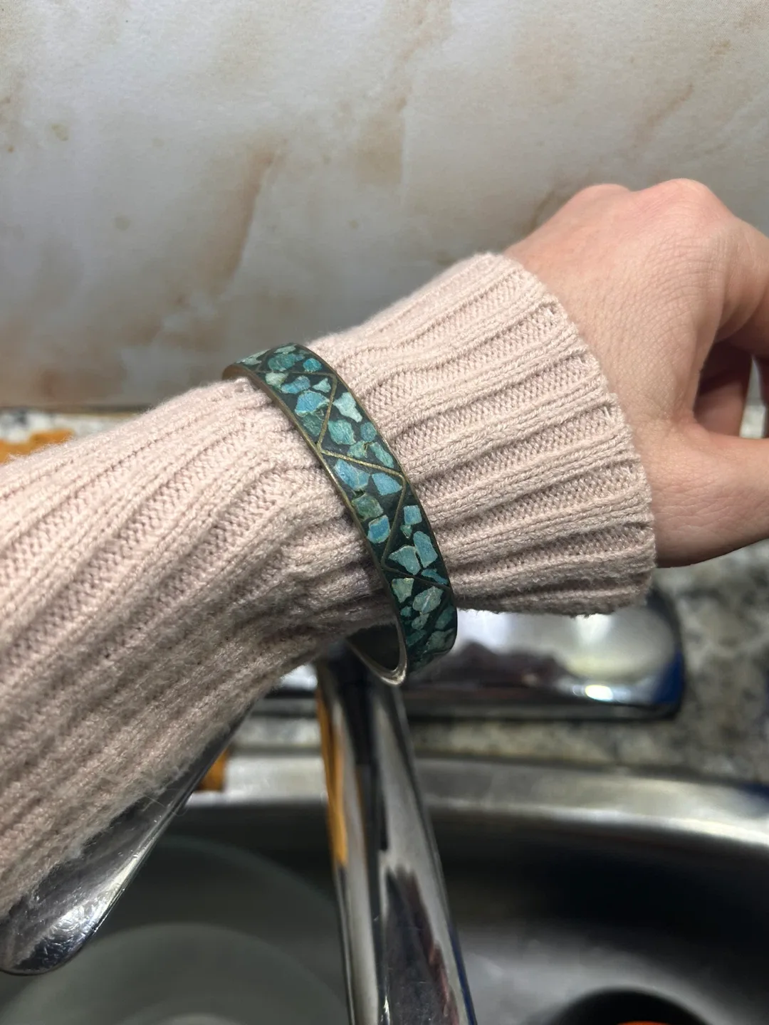 Vintage Crushed Blue Turquoise India Brass Bangle Bracelets image indicator(2)