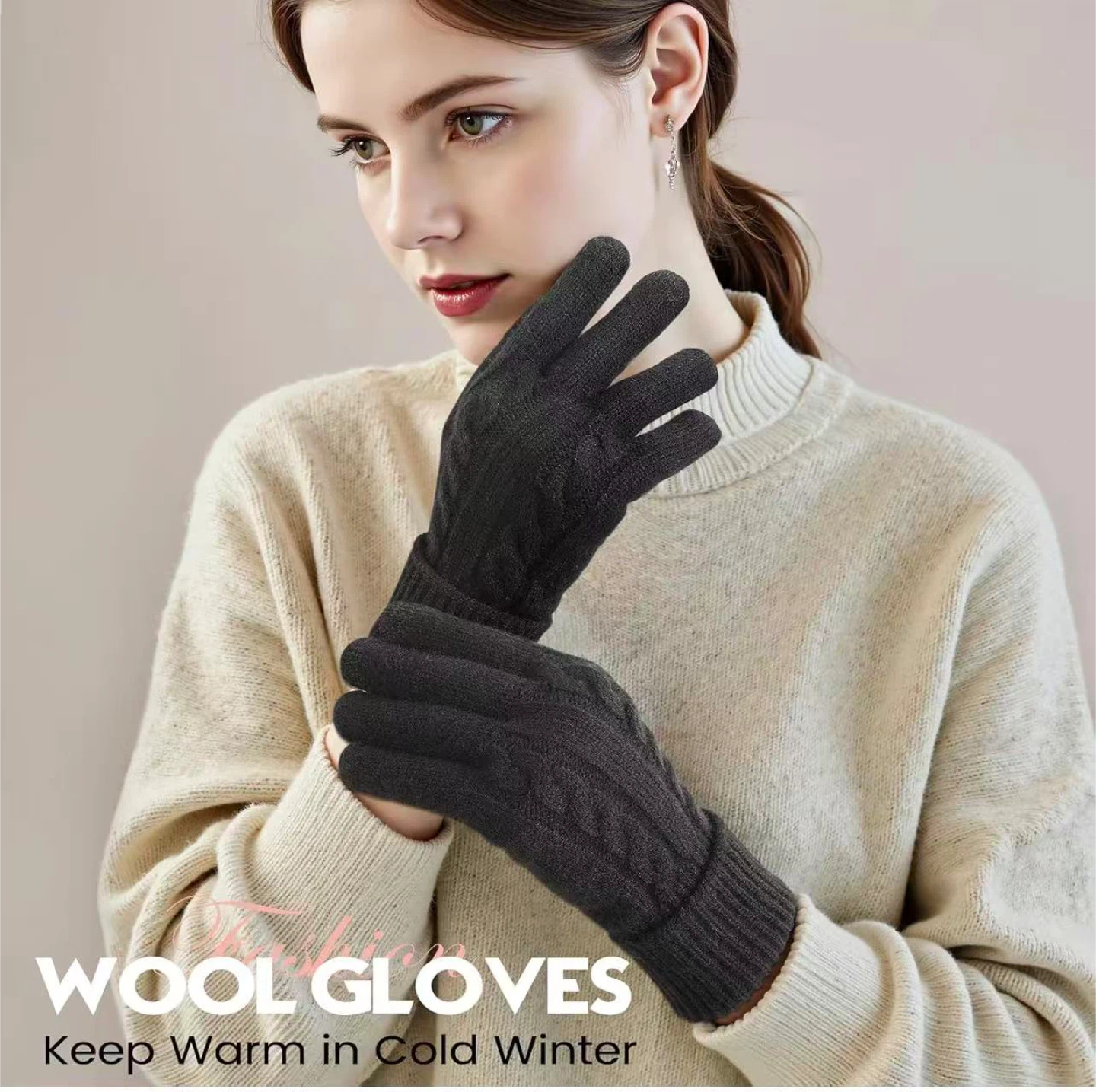Wool Knit Gloves - Gray & Black - photo 2