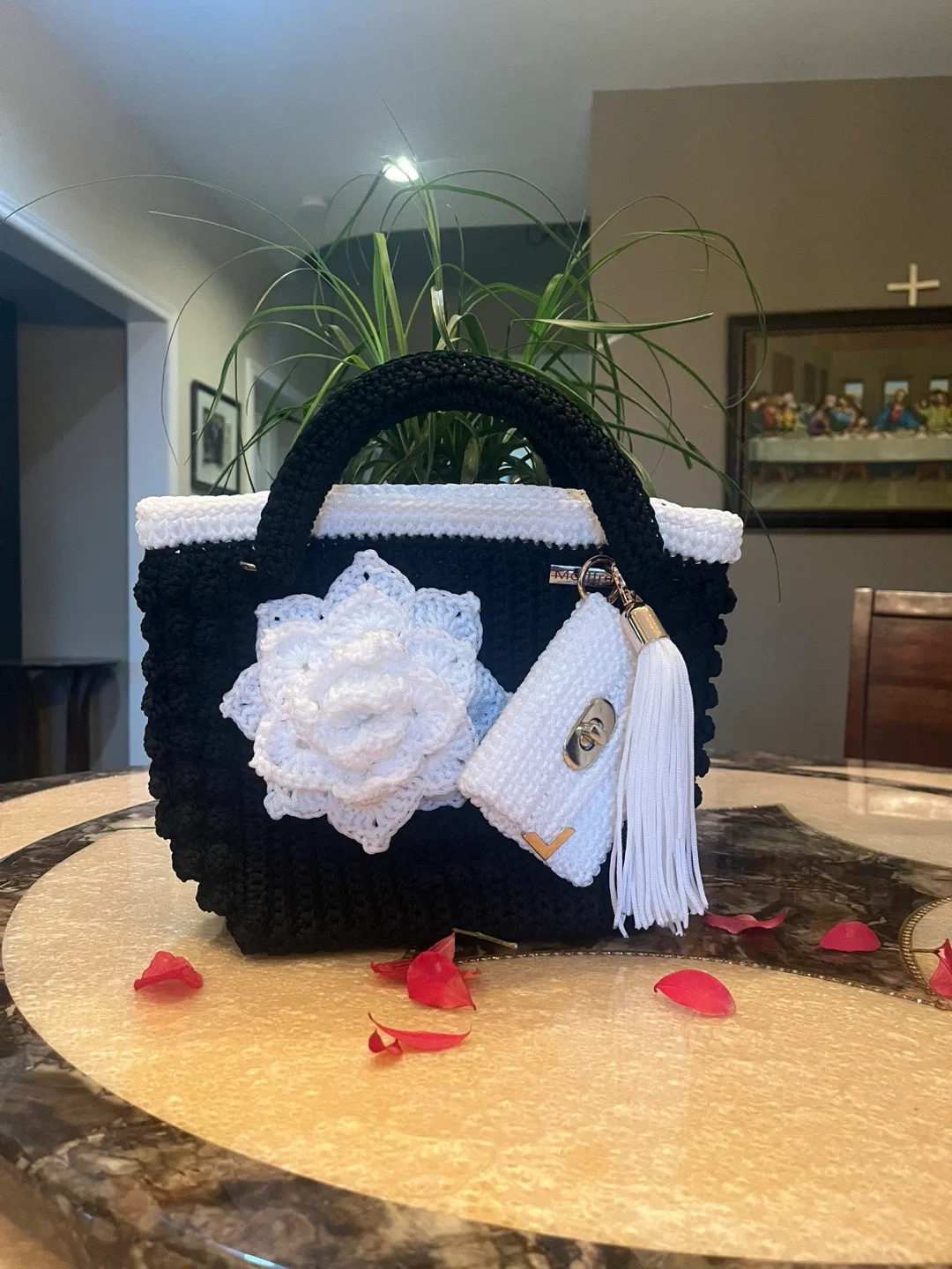 Hortfrey Black Crochet Handbag with White Flower thumbnail