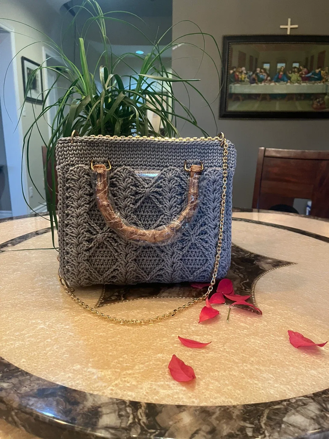 Handmade Knitted Grey Purse with Bamboo Handle thumbnail