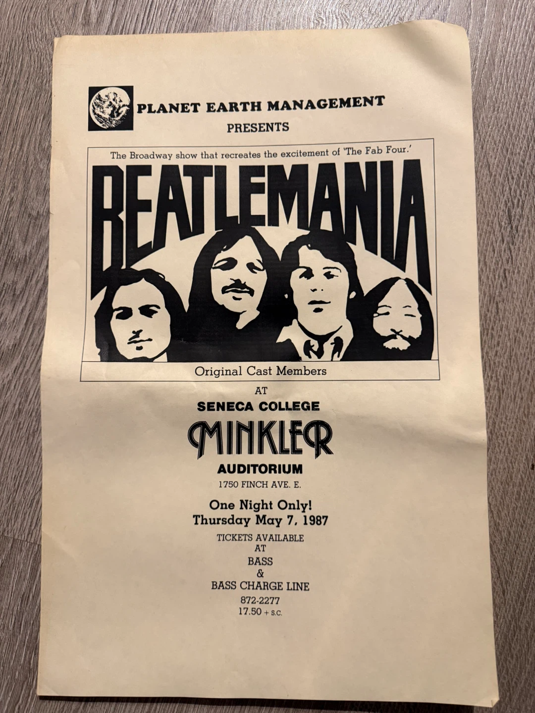 Beatlemania 1987 Poster Planet Earth Minkler Auditorium Toronto