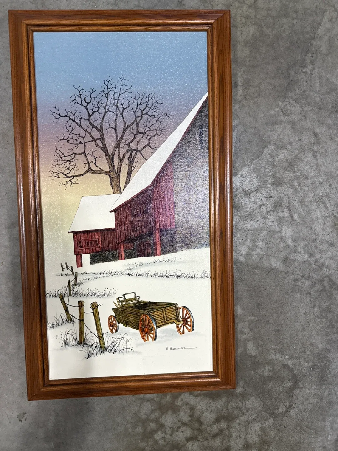 Framed Barn & Wagon Winter Scene Art thumbnail