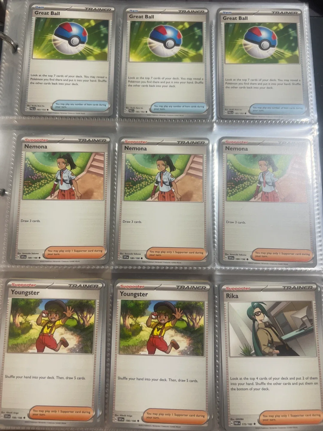 Pokemon Trainer Cards: Great Ball, Nemona, Youngster, Rika