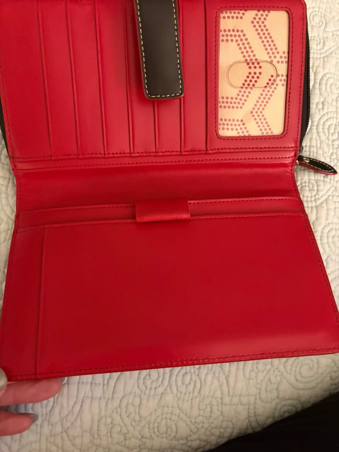 New black faux leather wallet. Red interior image indicator(4)