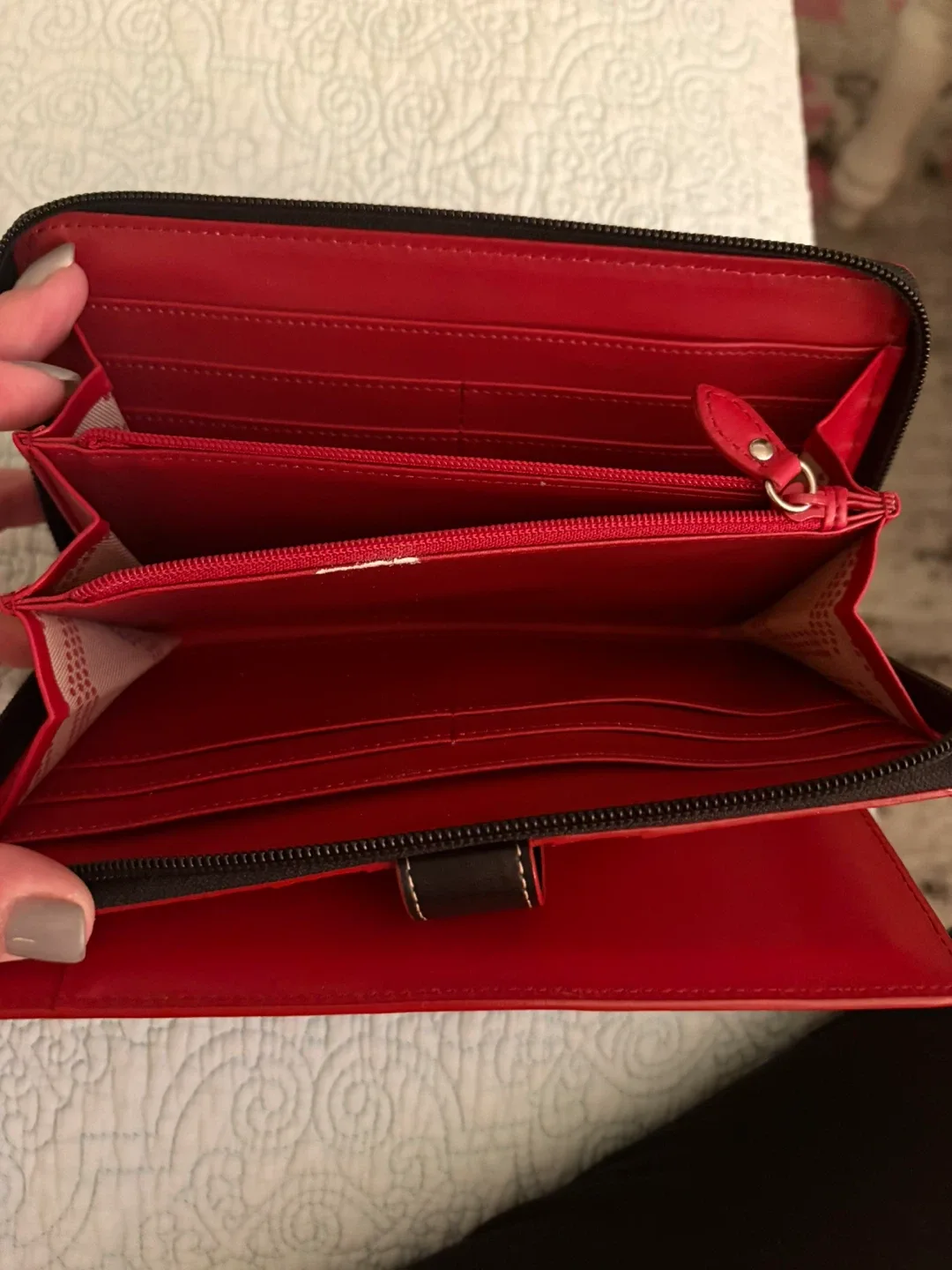 New black faux leather wallet. Red interior image indicator(6)